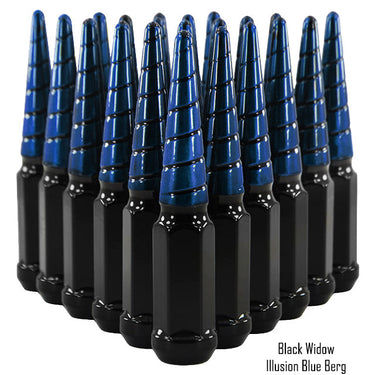 20 pcs 1/2-20 black and illusion blue berg twist swirl spike lug nuts black widow 