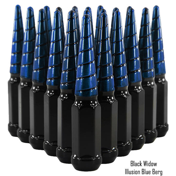 32 pcs 9/16-18 black and illusion blue berg twist swirl spike lug nuts black widow 