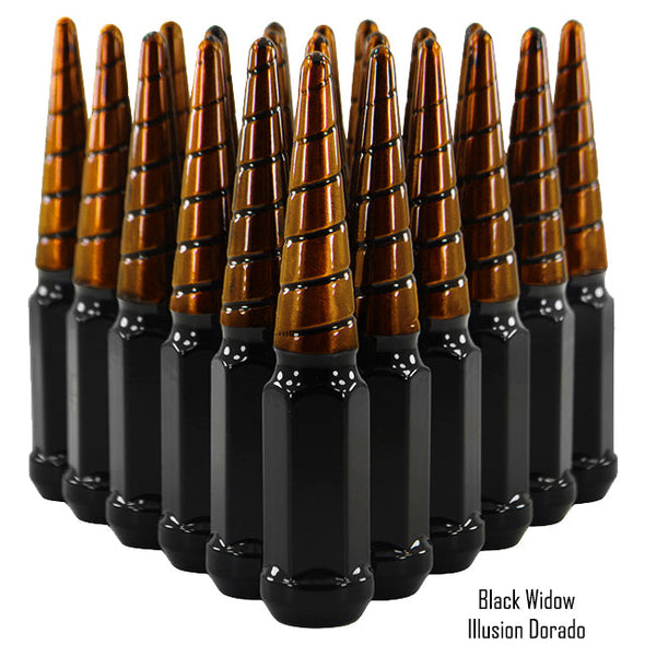 20 pcs 9/16-18 black and illusion dorado twist swirl spike lug nuts black widow 