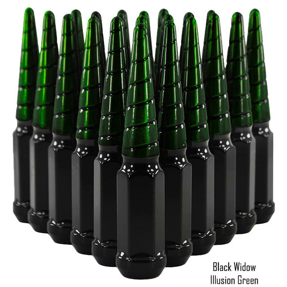 20 pcs 14x2 black and illusion greem twist swirl spike lug nuts black widow 