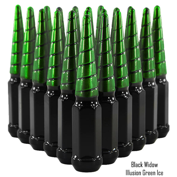 1 pc 14x1.5 black and illusion greem ice twist swirl spike lug nuts black widow 
