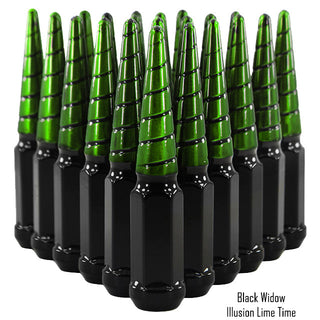 24 pcs 12x1.25 black and illusion lime time twist swirl spike lug nuts black widow 