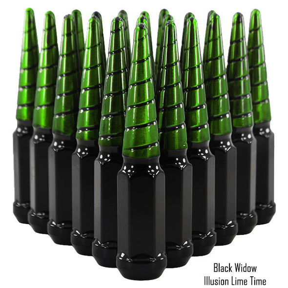 20 pcs 12x1.25 black and illusion lime time twist swirl spike lug nuts black widow 