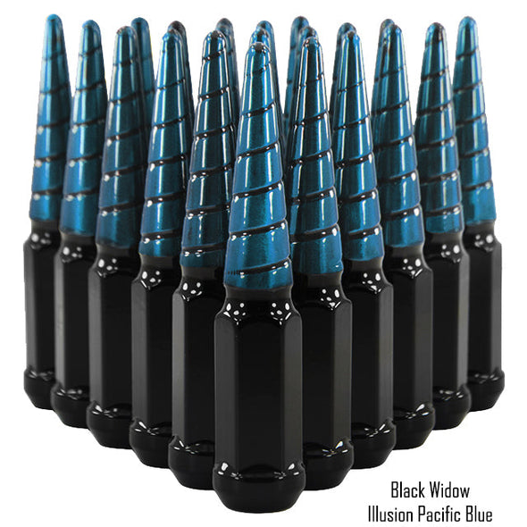 32 pcs 9/16-18 black and illusion pacific twist swirl spike lug nuts black widow 