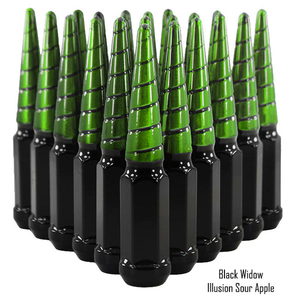 20 pcs 14x1.5 black and illusion sour apple swirl spike lug nuts black widow 