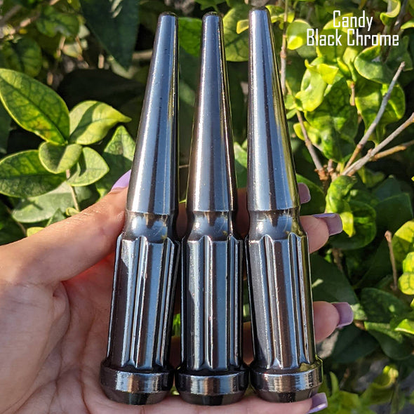 16 Pc 12x1.5 7-Spline Spike Lug Nuts 4.5" Tall - Powder Coated + Key Socket