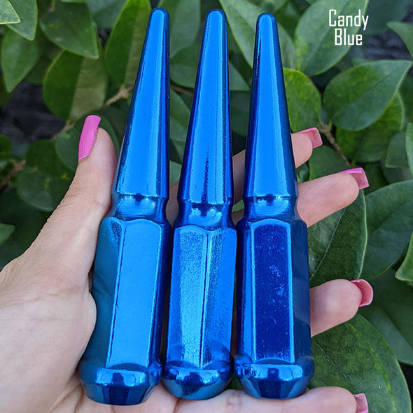 32 pc 1/2-20 candy blue spike lug nuts 4.5" tall powder coated durable coating