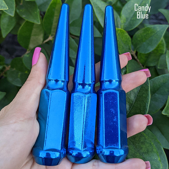 20 pc 1/2-20 candy blue spike lug nuts 4.5" tall powder coated durable coating