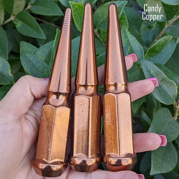 20 pc 14x2 candy copper spike lug nuts 4.5" tall powder coated durable coating