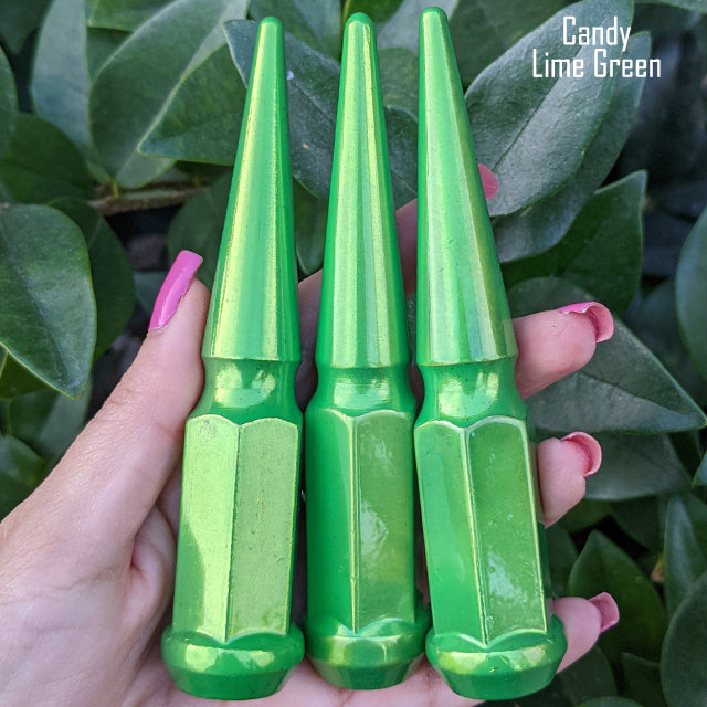 20 pc 12x1.25 candy lime green spike lug nuts 4.5" tall powder coated durable coating