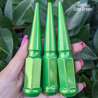 20 pc 14x1.5 candy lime green spike lug nuts 4.5" tall powder coated durable coating