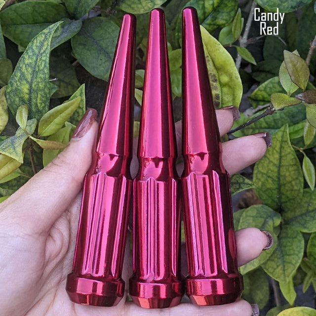 32 pc 14x2 candy red spike spline lug nuts 4.5" tall powder coated durable coating