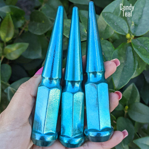 32 pc 14x2 candy teal spike lug nuts 4.5" tall powder coated durable coating