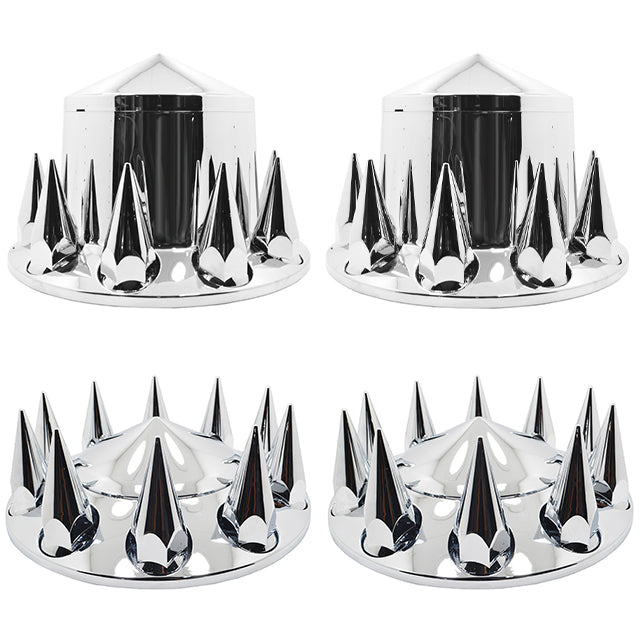 Chrome Front + Rear - 4 Caps + 40 Spikes. 10 Lug Hub Caps 10x285.75 MM Bolt Pattern 22x1.5 Thread Pitch. Made Out of ABS Plastic. Sold as A Set. A Must if Installing New Wheels. 33 MM Hex Size.