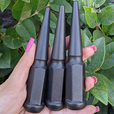 32 pc 14x1.5 flat black spike lug nuts 4.5" tall powder coated durable coating