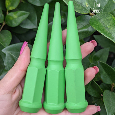 1 pc 14x2 flat green spike lug nuts 4.5" tall powder coated durable coating