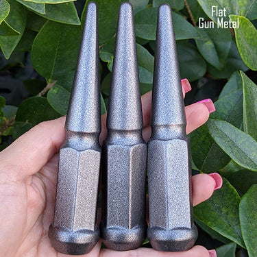 20 pc 12x1.5 flat gun metal spike lug nuts 4.5" tall powder coated durable coating