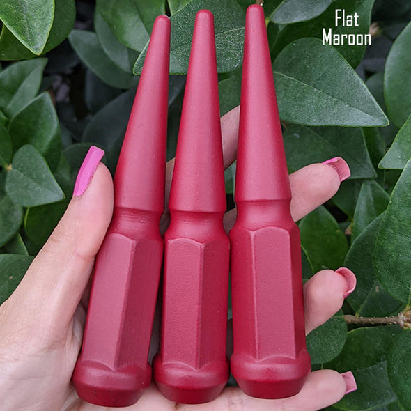 20 pc 14x1.5 flat maroon spike lug nuts 4.5" tall powder coated durable coating