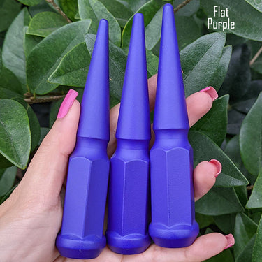 24 pc 14x1.5 flat purple spike lug nuts 4.5" tall powder coated durable coating