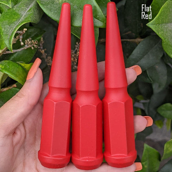 20 pc 9/16-18 flat red spike lug nuts 4.5" tall powder coated durable coating