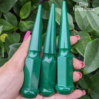 24 pc 12x1.5 gloss forest green spike lug nuts 4.5" tall powder coated durable coating