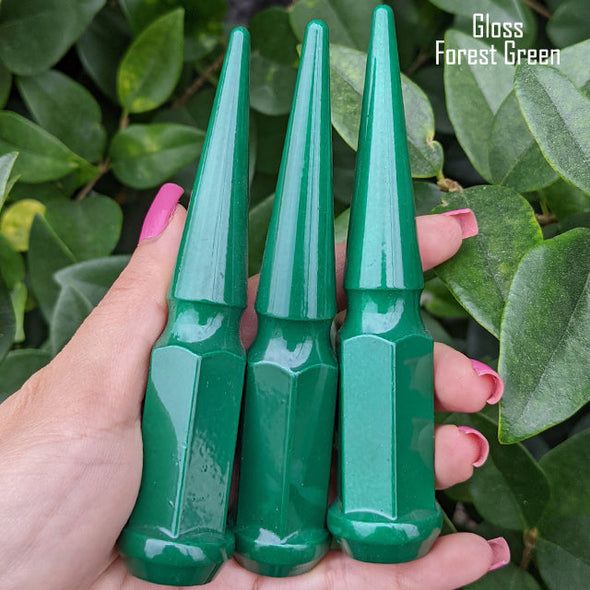 24 pc 12x1.25 gloss forest green spike lug nuts 4.5" tall powder coated durable coating