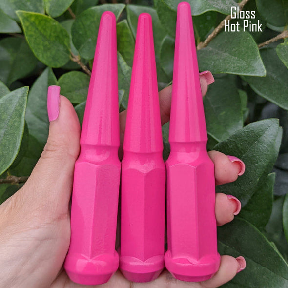 24 pc 12x1.25 gloss hot pink spike lug nuts 4.5" tall powder coated durable coating
