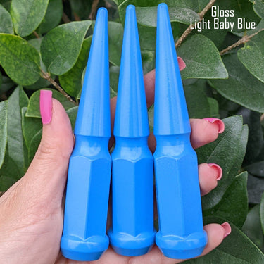24 pc 14x1.5 gloss light blue spike lug nuts 4.5" tall powder coated durable coating