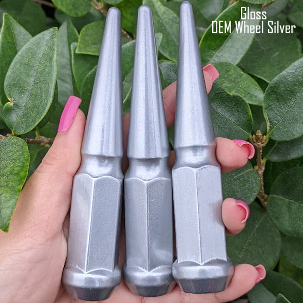 20 pc 1/2-20 gloss oem wheel silver spike lug nuts 4.5" tall powder coated durable coating