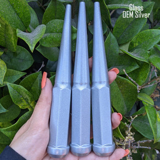 20 pc 12x1.5 gloss oem silver spike lug nuts 6 inch xl tall powder coated durable coating prismatic powder