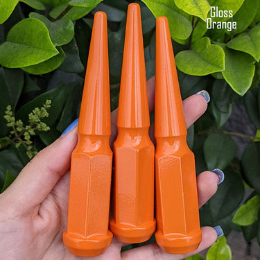 32 pc 14x1.5 gloss orange wheel silver spike lug nuts 4.5" tall powder coated durable coating