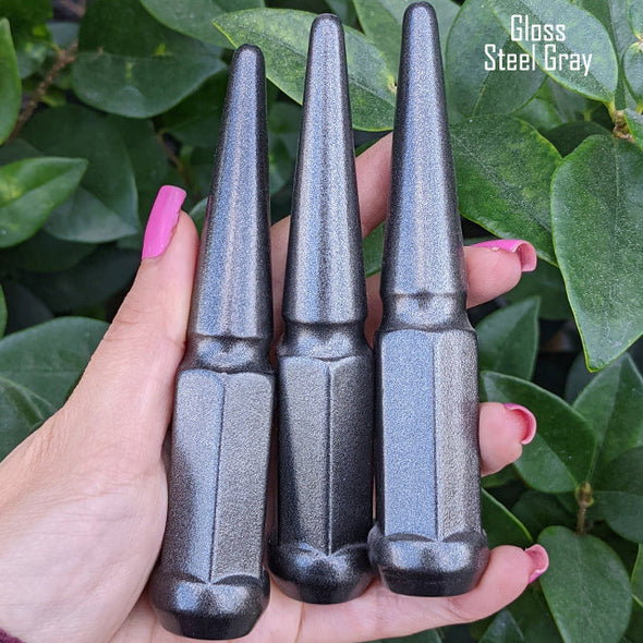 20 pc 14x2 gloss steel gray spike lug nuts 4.5" tall powder coated durable coating