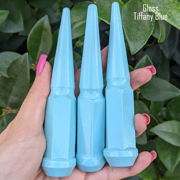 32 pc 9/16-18 gloss tiffany blue spike lug nuts 4.5" tall powder coated durable coating