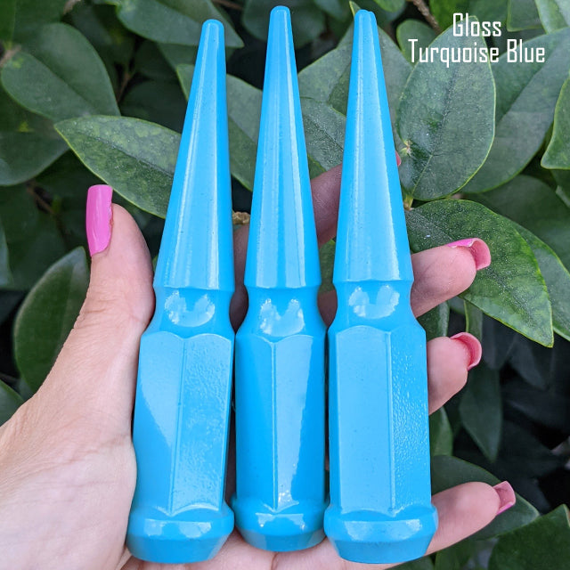 1 pc 14x2 gloss turquoise blue spike lug nuts 4.5" tall powder coated durable coating