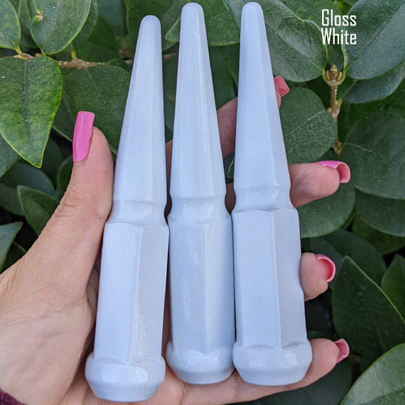 16 pc 12x1.25 gloss white spike lug nuts 4.5" tall powder coated durable coating