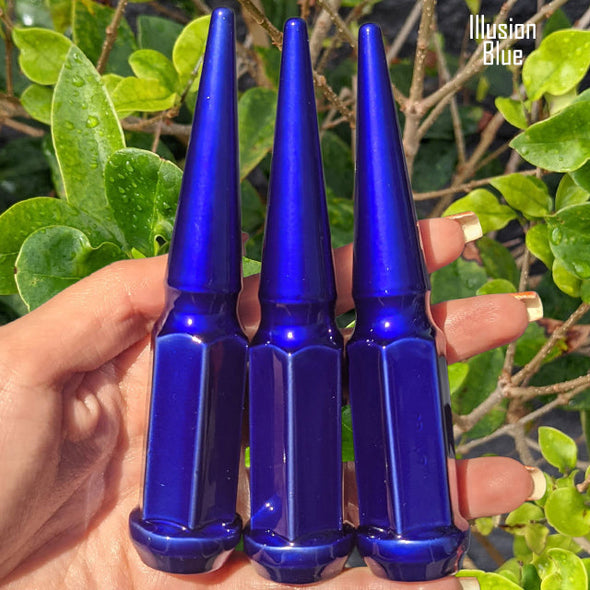 32 pc 9/16-18 illusion blue spike lug nuts 4.5" tall powder coated durable coating prismatic powder coating