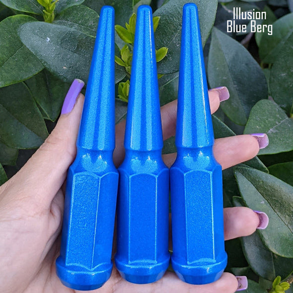32 pc 1/2-20 illusion blue berg spike lug nuts 4.5" tall powder coated durable coating prismatic powder coating