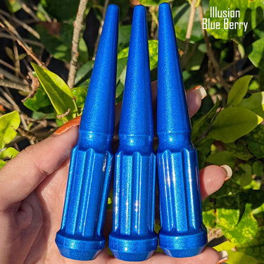 16 pc 12x1.25 illusion blue berry spike spline lug nuts 4.5" tall powder coated durable coating prismatic powder coating