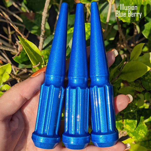 1 pc 14x1.5 illusion blue berry spike spline lug nuts 4.5" tall powder coated durable coating prismatic powder coating