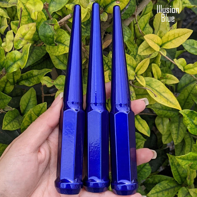 1 pc 12x1.25 illusion blue spike lug nuts 6 inch xl tall powder coated durable coating prismatic powder coating