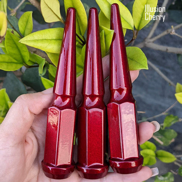 20 pc 14x2 illusion cherry spike lug nuts 4.5" tall powder coated durable coating prismatic powder coating