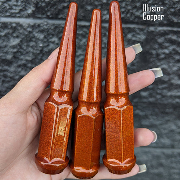 20 pc 14x2 illusion copper spike lug nuts 4.5" tall powder coated durable coating prismatic powder coating