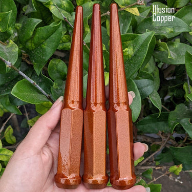 20 pc 12x1.5 illusion copper spike lug nuts 6 inch xl tall powder coated durable coating prismatic powder coating
