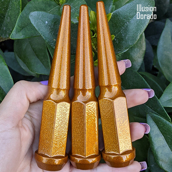 1 pc 1/2-20 illusion dorado spike lug nuts 4.5" tall powder coated durable coating prismatic powder coating