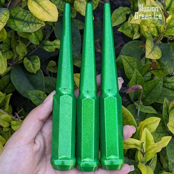 1 pc 12x1.25 illusion green spike lug nuts 6 inch xl tall powder coated durable coating prismatic powder coating