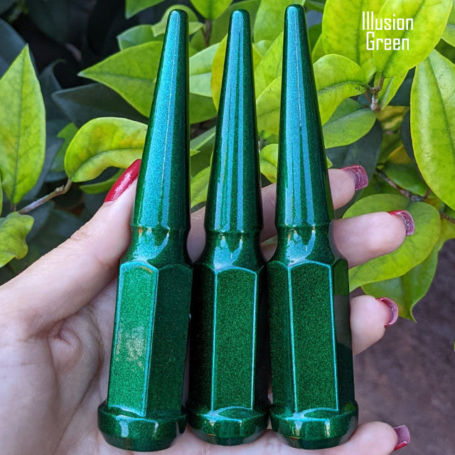 1 pc 1/2-20 illusion green spike lug nuts 4.5" tall powder coated durable coating prismatic powder coating
