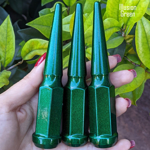 20 pc 14x2 illusion green spike lug nuts 4.5" tall powder coated durable coating prismatic powder coating