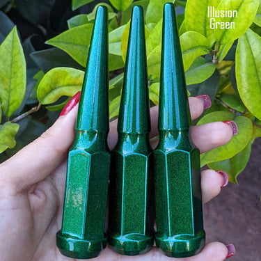 1 pc 14x2 illusion green spike lug nuts 4.5" tall powder coated durable coating prismatic powder coating