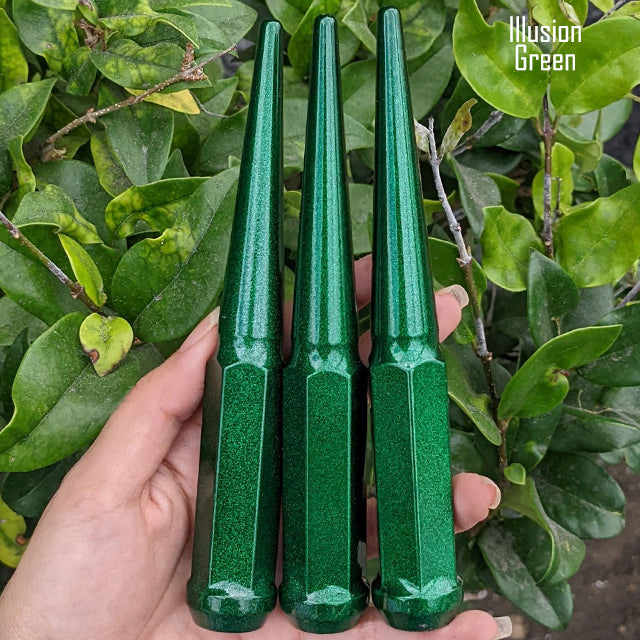 20 pc 12x1.5 illusion green ice spike lug nuts 6 inch xl tall powder coated durable coating prismatic powder coating