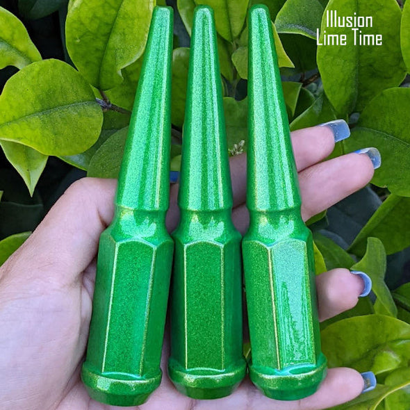 32 pc 14x2 illusion lime time spike lug nuts 4.5" tall powder coated durable coating prismatic powder coating